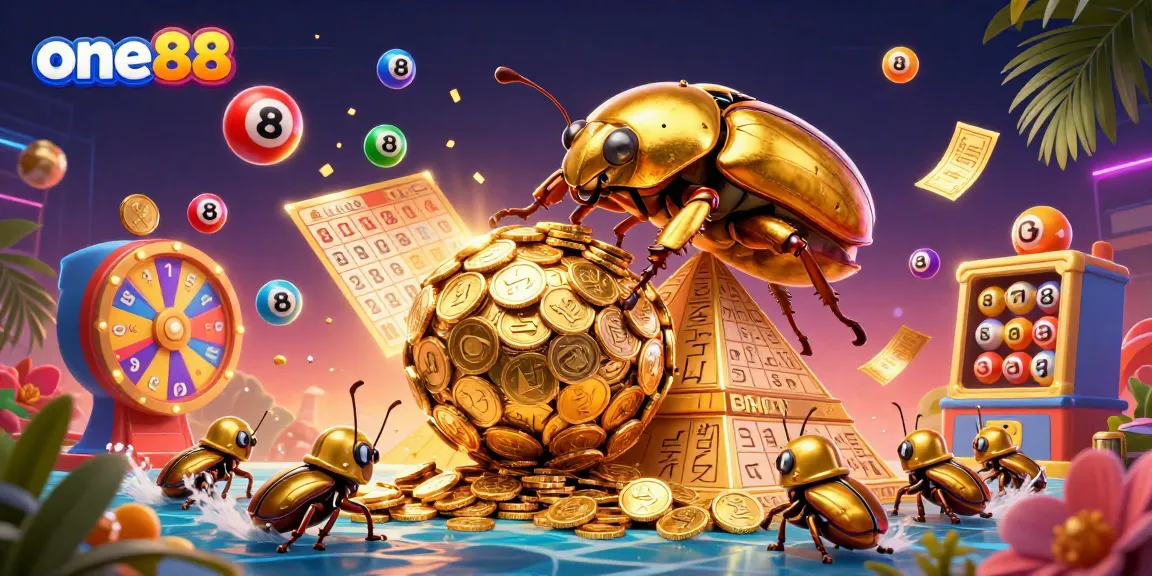 Experience the excitement of one88 with a dynamic scene featuring colorful lottery balls and a golden beetle.