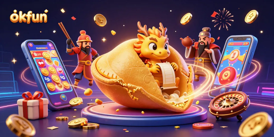 Explore the vibrant okfun casino scene with golden fortune cookies, poker chips, and festive energy.