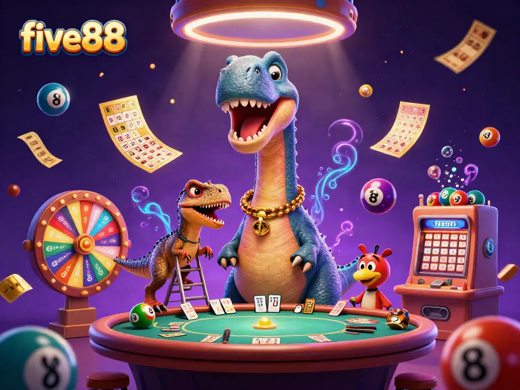 Experience the excitement of five88 with a dynamic casino scene featuring a giant brontosaurus and clever raptor in action.