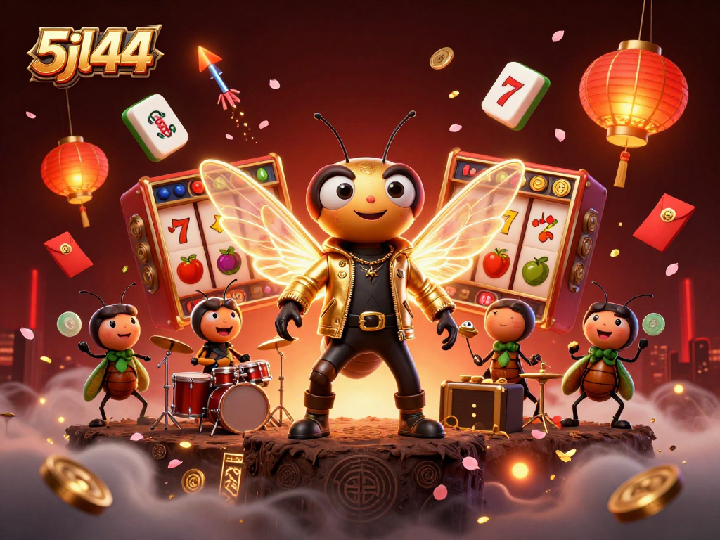 5jl44 features a vibrant 3D casino scene with a cicada rock star and slot reels in action.