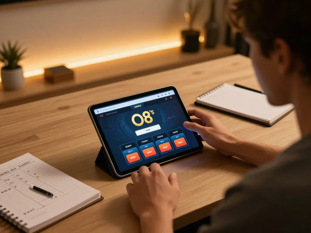 Engaging with O8's online casino app, a player strategizes betting in a modern gaming setup.