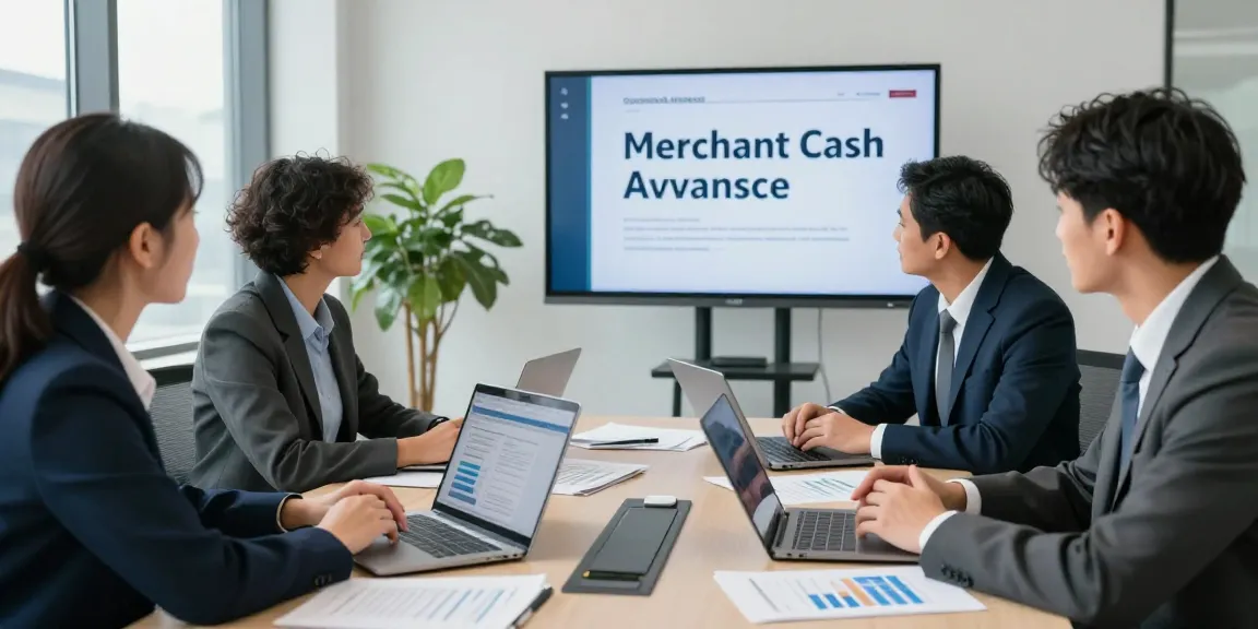 A diverse team discussing merchant cash advance legal issues in a modern office.
