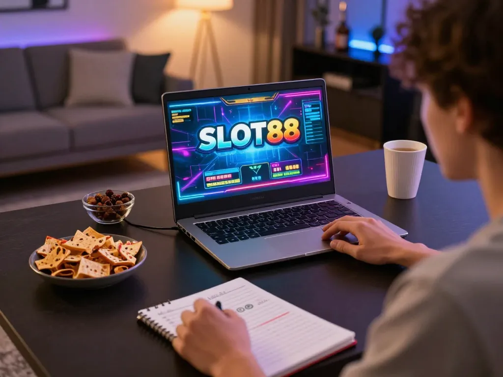 Person engaged in an exciting SLOT88 online gaming session with strategic notes and refreshments