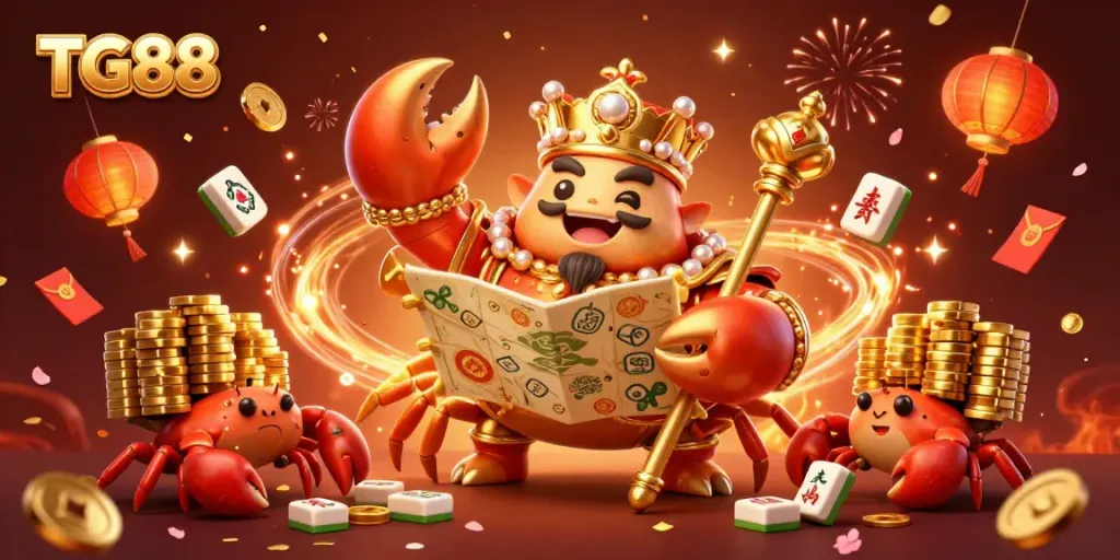 Experience TG88 with a grand 3D crab emperor surrounded by vibrant gambling elements, celebrating the casino spirit.