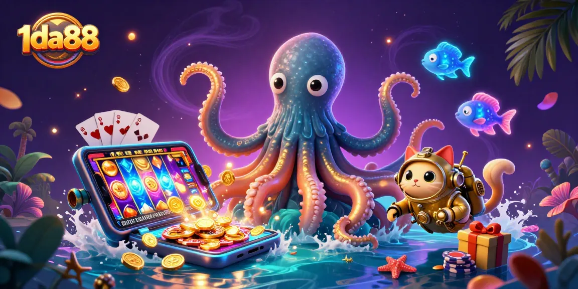 Experience the thrill of 1da88 with a kraken, diving cat, and vibrant slots action.