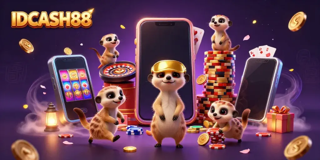 Experience the excitement of IDCASH88 with lively meerkats in a colorful casino scene.
