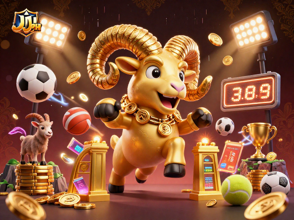 JJJPH engages players with a golden ram charging through a vibrant sports betting arena