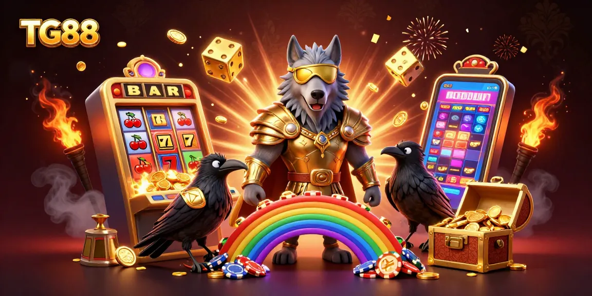 Win big at TG88 with a 3D illustration of Odin wolf and ravens amidst casino excitement.