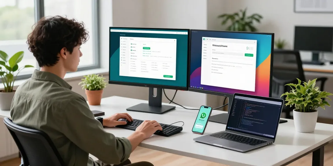 A professional workspace showcasing WhatsApp電腦版 on dual monitors, illustrating seamless communication and productivity features in a modern office setting.