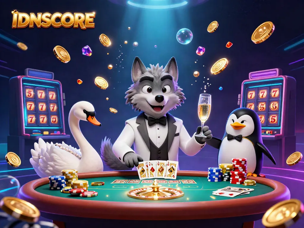IDNSCORE features a debonair wolf, elegant swan, and sophisticated penguin in a lively casino scene.
