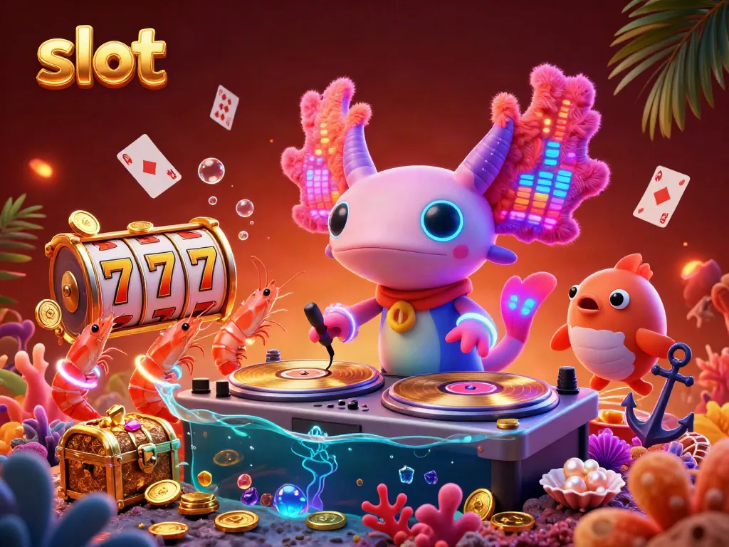 Experience the thrill of slot games with a vibrant underwater party scene featuring a neon axolotl DJ, dancing shrimp, and lively game elements.