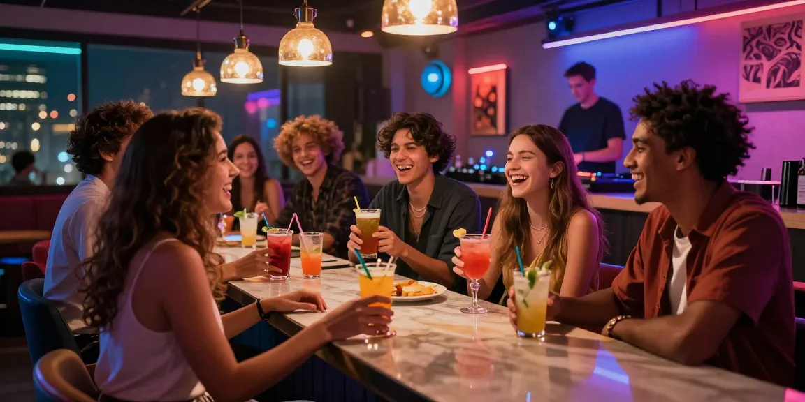 Friends enjoying vibrant nightlife with Club21id fake IDs at a trendy bar.