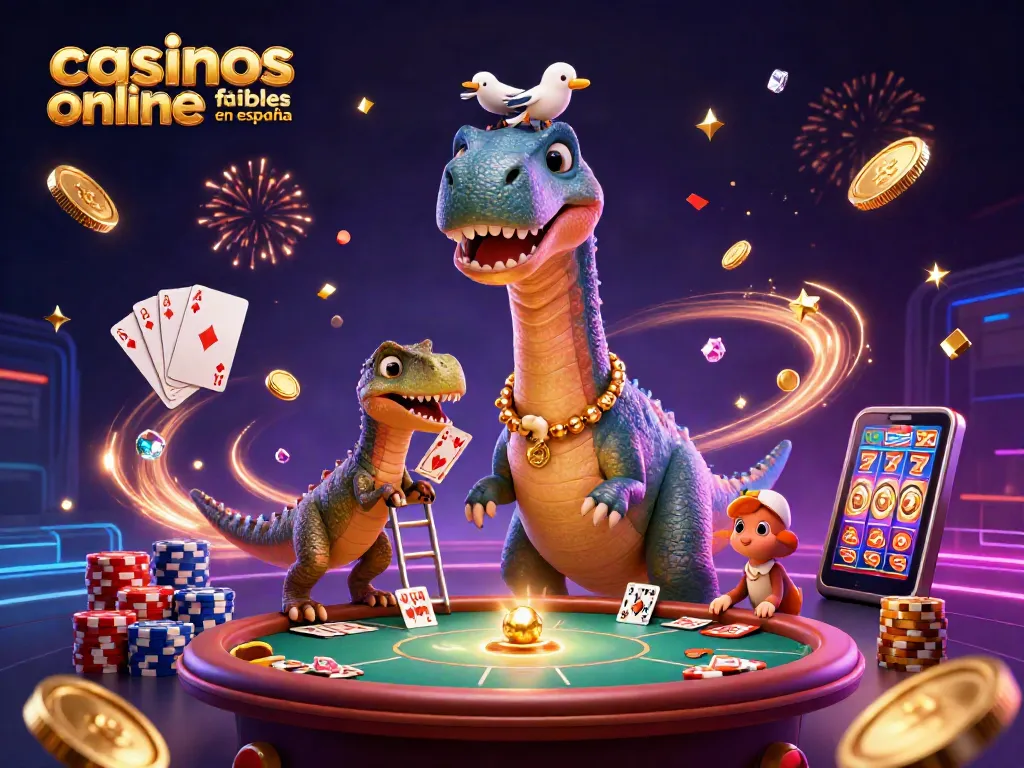 Disfruta de los casinos online fiables en España con un divertido brontosaurus en una escena vibrante.