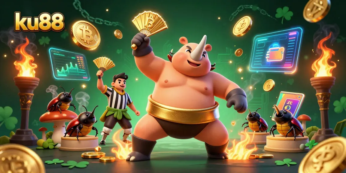Join the excitement with ku88 as the sumo champion beetle stomps golden coins in a vibrant casino scene.