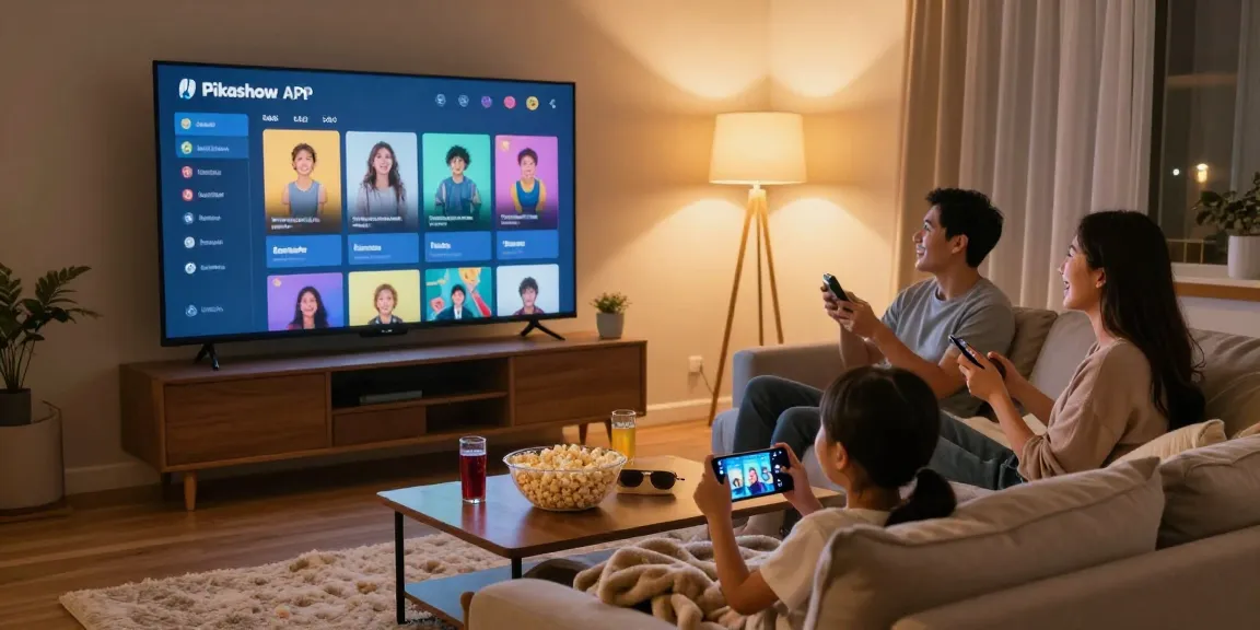 Pikashow APK displayed on a large screen during a family movie night, emphasizing enjoyment and comfort.