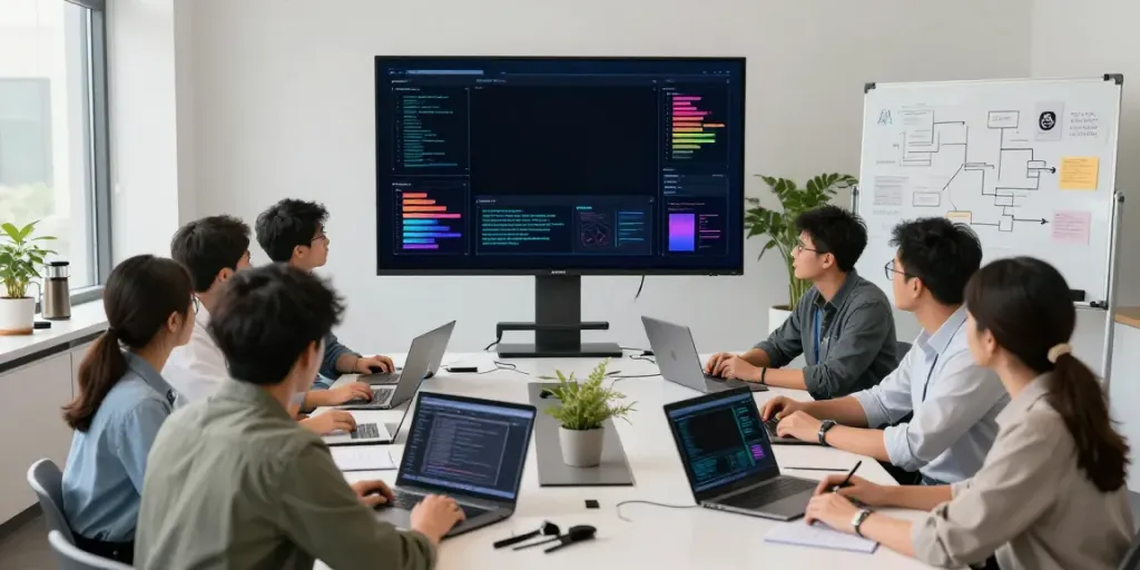 Diverse team collaborating on Enterprise AI projects in a modern workspace.