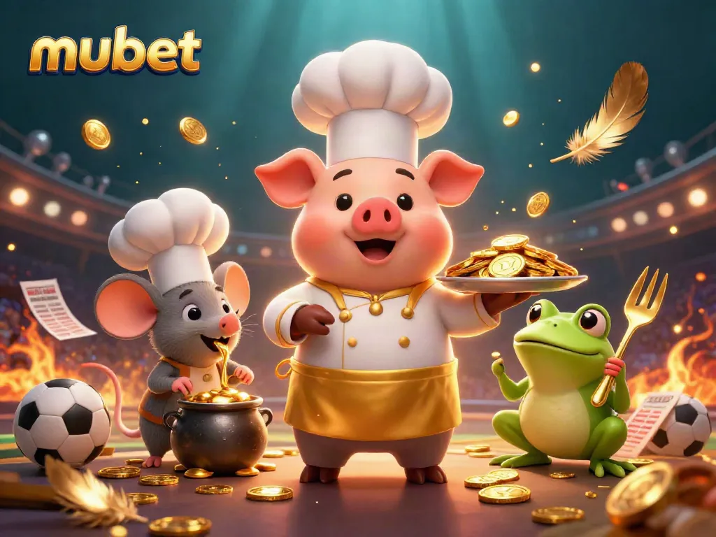Bettors enjoy a vibrant sports betting scene at mubet, featuring whimsical characters and gold coins.