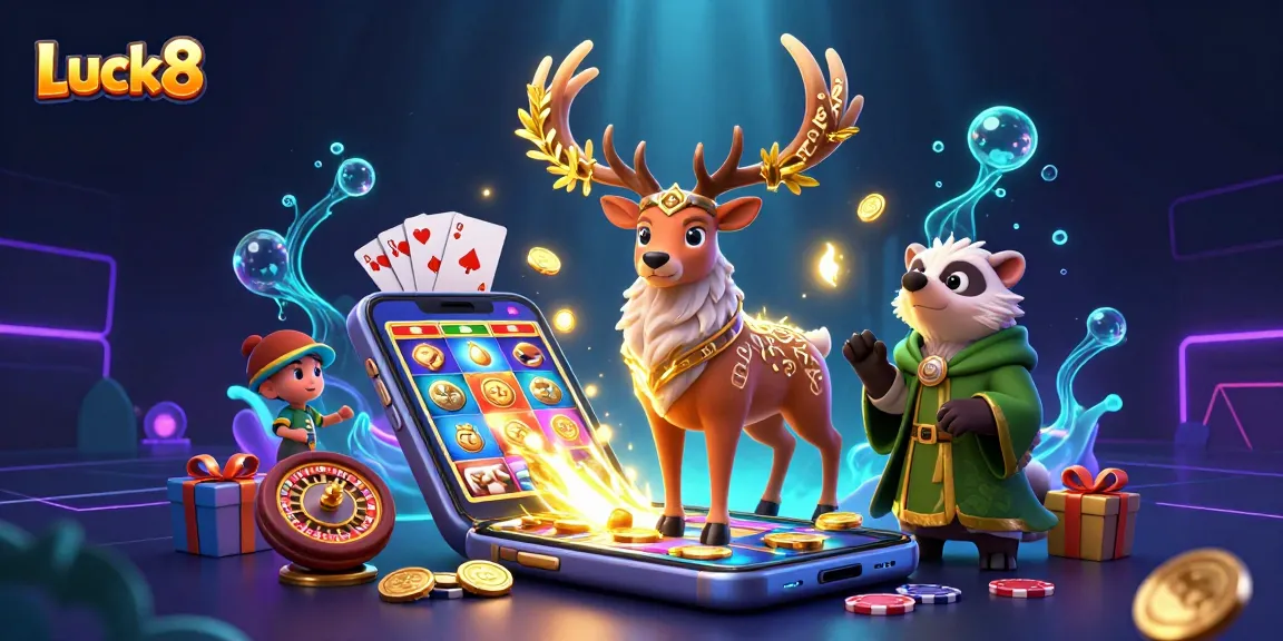Spin colorful slot games and win big with Luck8 in an engaging casino scene.
