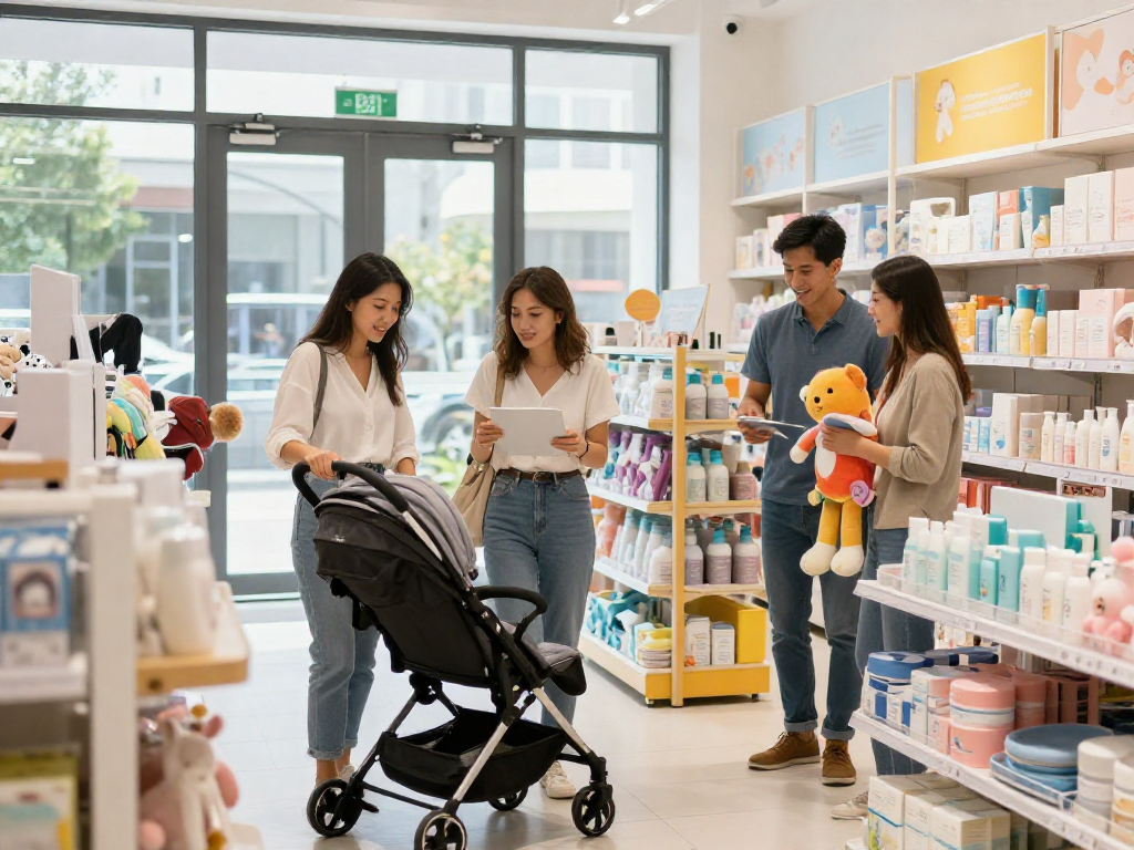 A busy shopping scene at https://rokok88digital.com with customers exploring baby products in a modern store.
