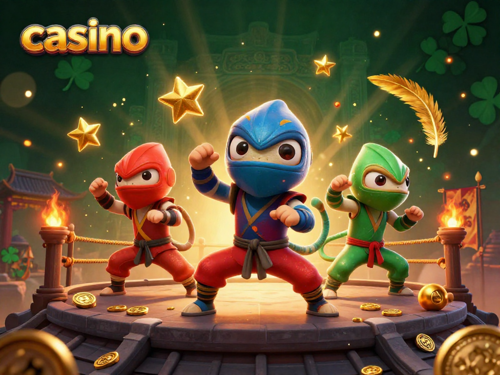 Engaging casino scene with ninja chameleons performing martial arts amidst gold coins and vibrant elements.