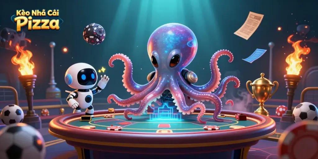 Kèo Nhà Cái Pizza showcases a vibrant scene of alien characters engaged in thrilling sports betting.