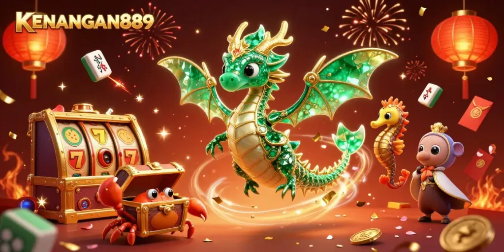 Experience exciting wins at KENANGAN889 with dynamic slot machine reels and vibrant treasures.