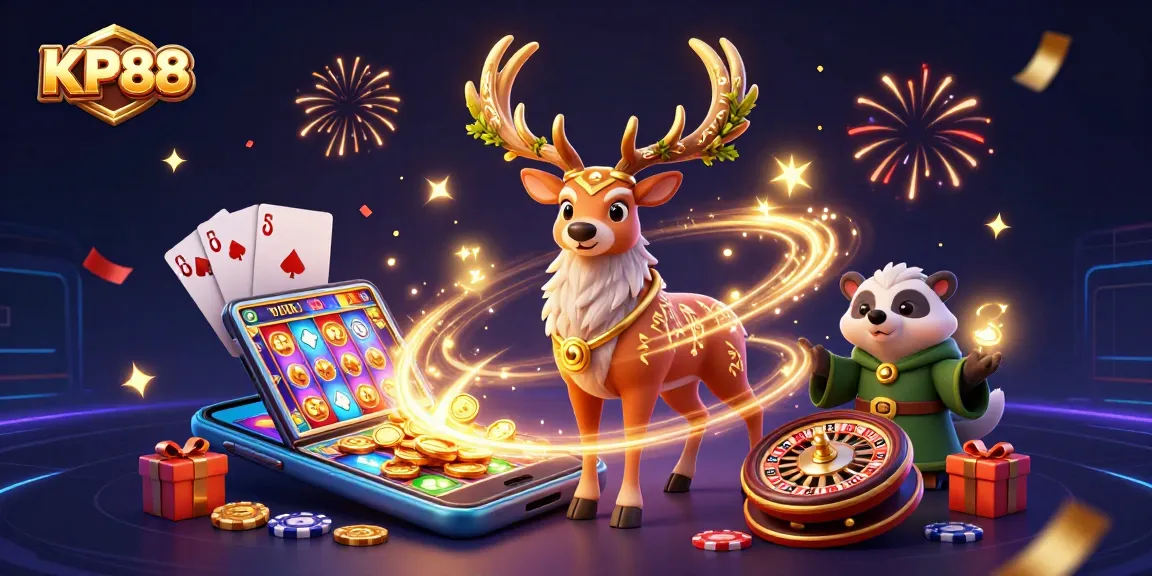Spin the reels at KP88 with a vibrant scene of a druid and badger surrounded by lively casino elements.
