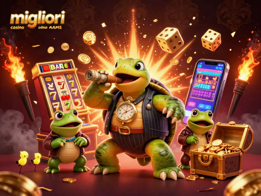 Scopri i migliori casino online non AAMS con una vista accattivante di un tartaruga gangster e giochi brillanti.