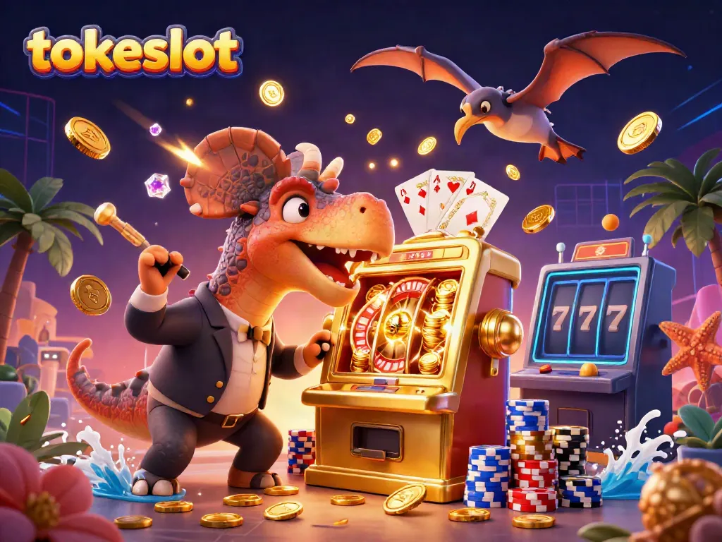Permainan tokeslot dengan dinosaurus kartun berinteraksi dalam kasino menggugah semangat, imajinatif untuk pemain judi.