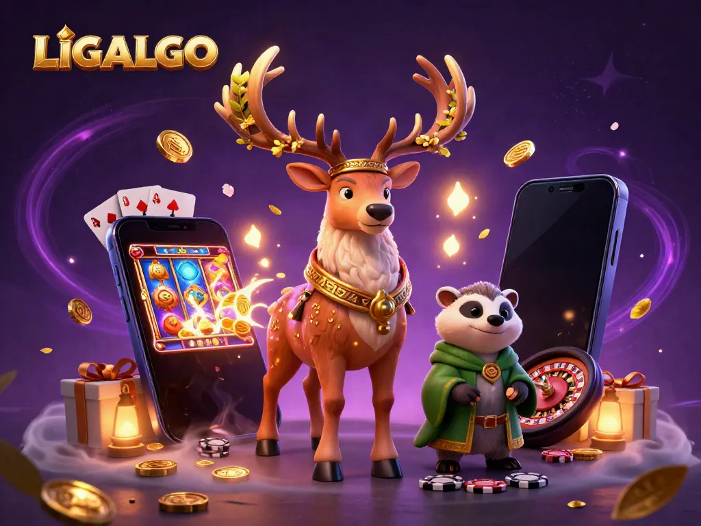 LIGALGO characters playing slots and celebrating wins with vibrant casino elements around them.
