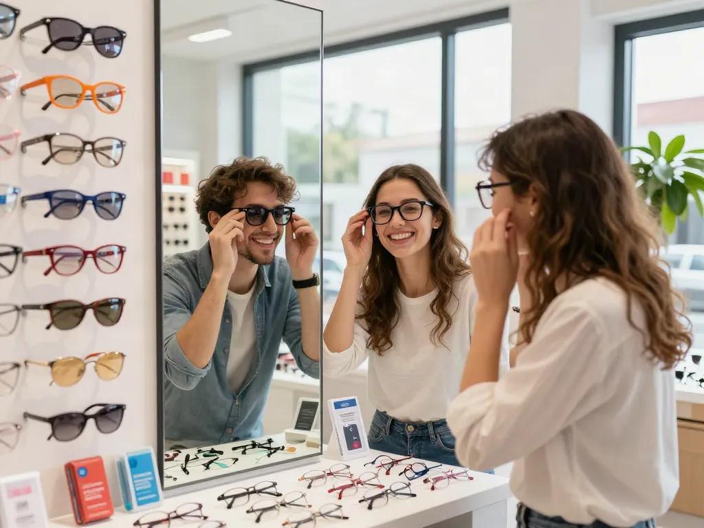 Couple trying on fashionable óculos de grau in a modern optical store.