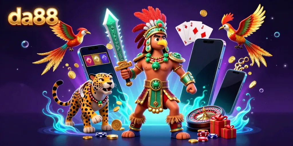 Engage in dynamic gaming at da88 with rich visuals of Aztec warriors and vibrant casino elements.