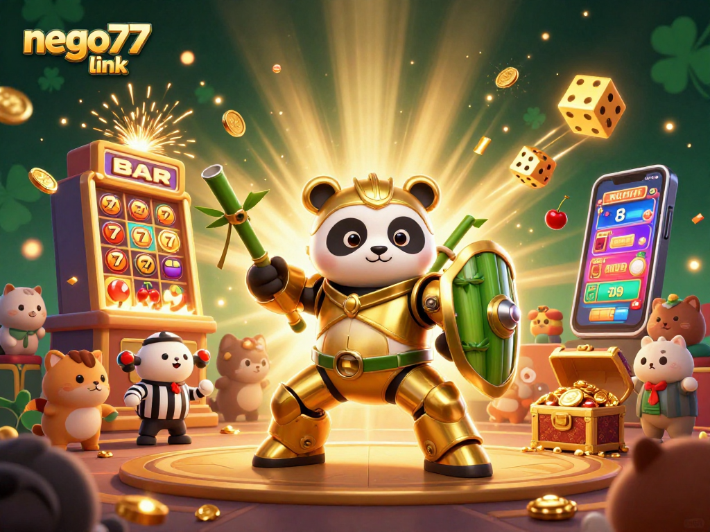 Spin the reels with nego77 link as golden panda pilots a bamboo robot amidst dazzling casino action.