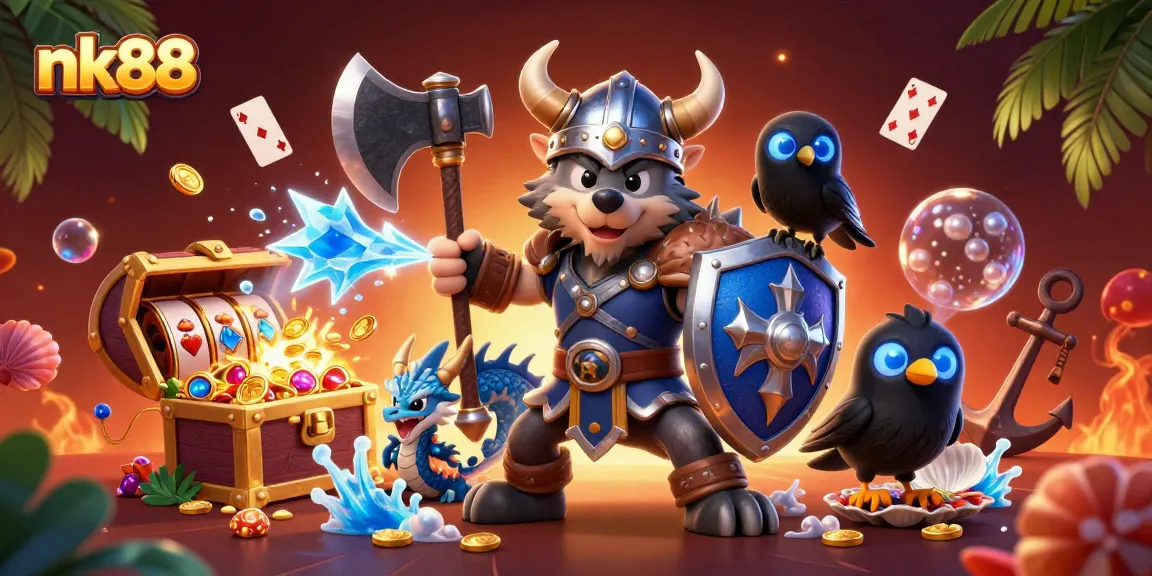 nk88 engages players with exciting casino adventures featuring a Viking warrior and dragon.