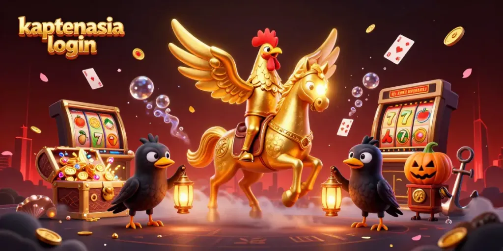 Ilustrasi kasino malam yang memikat dengan karakter "kaptenasia login" yang dinamis dan elemen permainan yang berlimpah.
