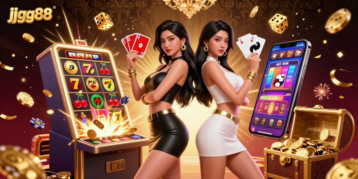 Experience thrilling gameplay at jjgg88 with twin Asian women showcasing powerful playing cards in a vibrant casino setting.