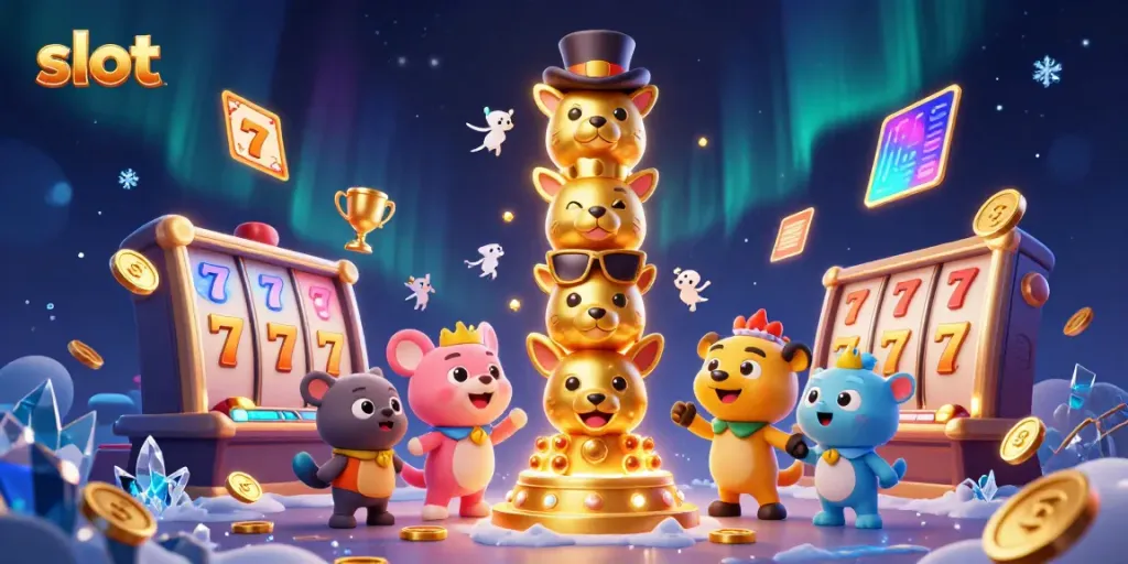 Spin the slot reels surrounded by animated characters celebrating wins in a dynamic 3D environment.