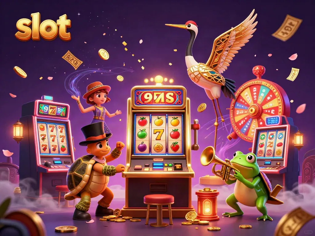 Engage with thrilling slot machines and colorful characters at a vibrant casino atmosphere.