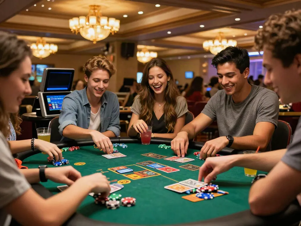 Friends enjoying exciting card games at casinos that accept credit cards with vibrant atmosphere.