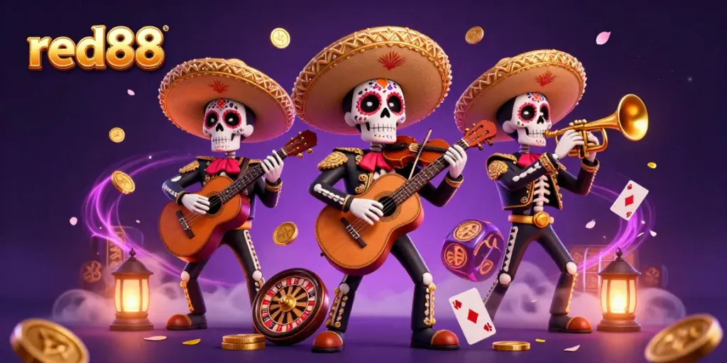 Experience excitement with red88 in a vibrant casino scene featuring skeleton mariachi musicians surrounded by colorful gaming elements.
