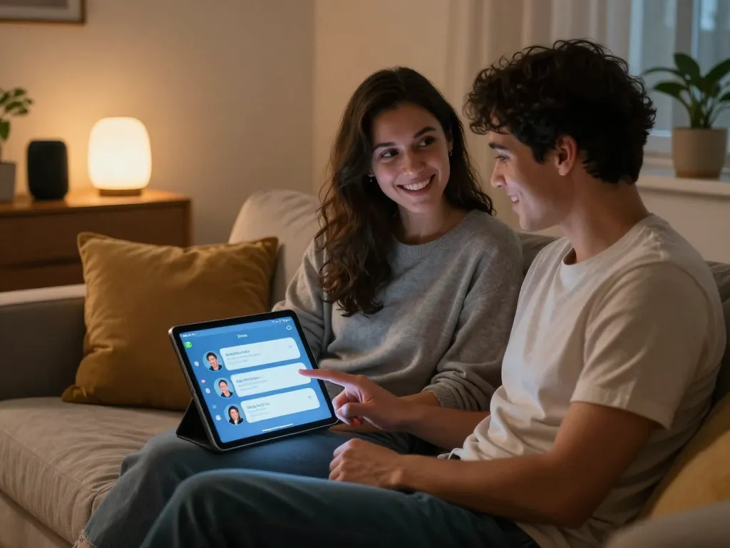 Couple interacting with AI chatbot on tablet to explore ai sex ideas in cozy home environment.