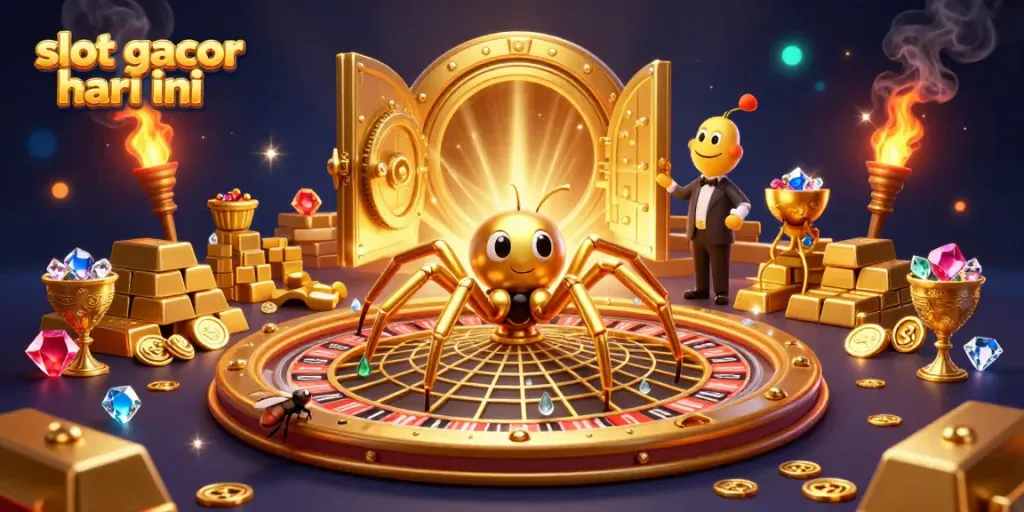 Experience the thrill of slot gacor hari ini with a 3D illustration of a spider, centipede croupier, and sparkling gems.
