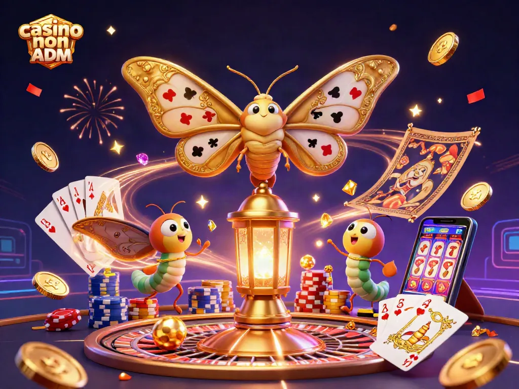 Gioca nei migliori casino non ADM con l'illustrazione di una falena dorata e scene di casinò animate.