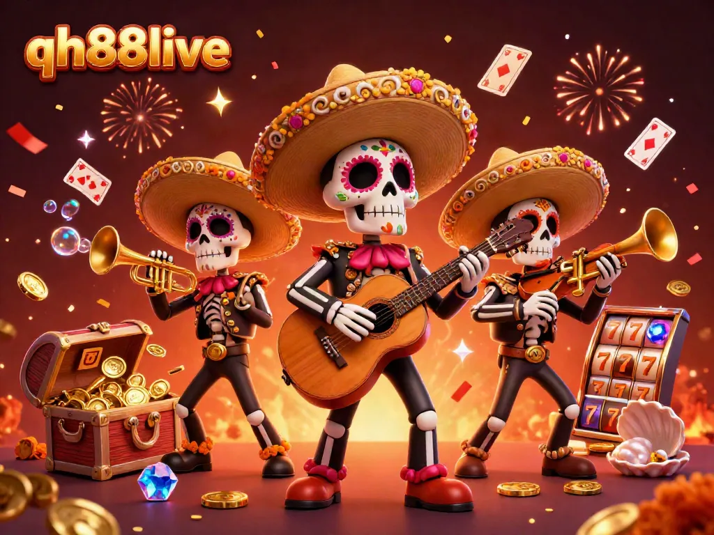 Experience thrilling gameplay with qh88live as vibrant mariachi skeletons celebrate with gold coins and gems.