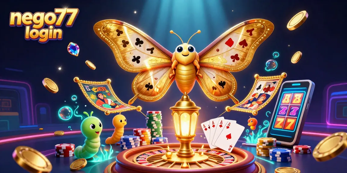 Immerse in the vibrant world of negotiation as you log into nego77, featuring a majestic moth and golden casino elements.