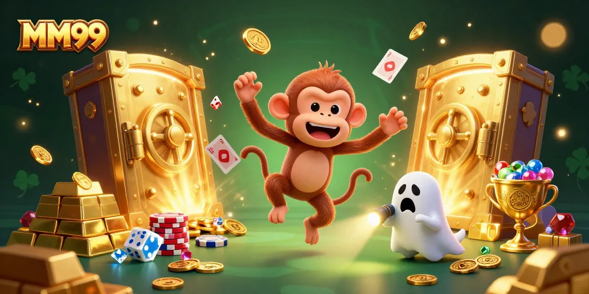 Experience thrilling MM99 gaming action with a playful ghost and golden treasures in a haunted casino.