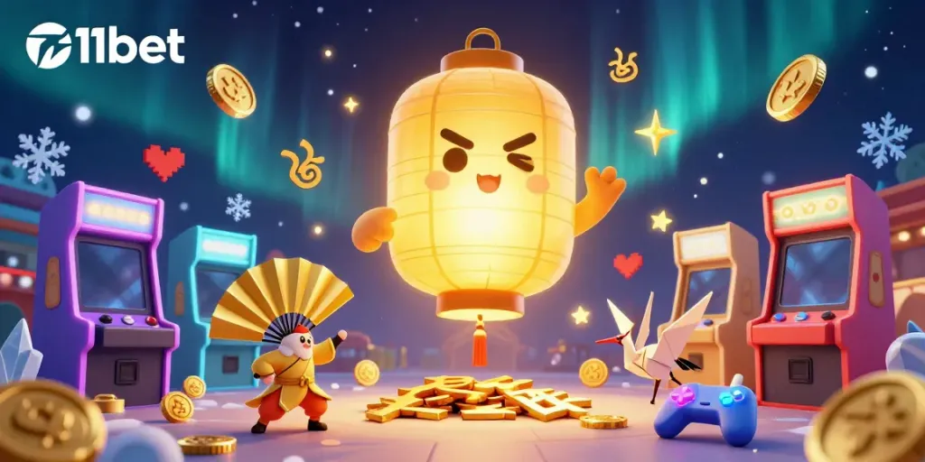 Experience the vibrant world of 11bet at a night market casino filled with golden characters and arcade game elements.