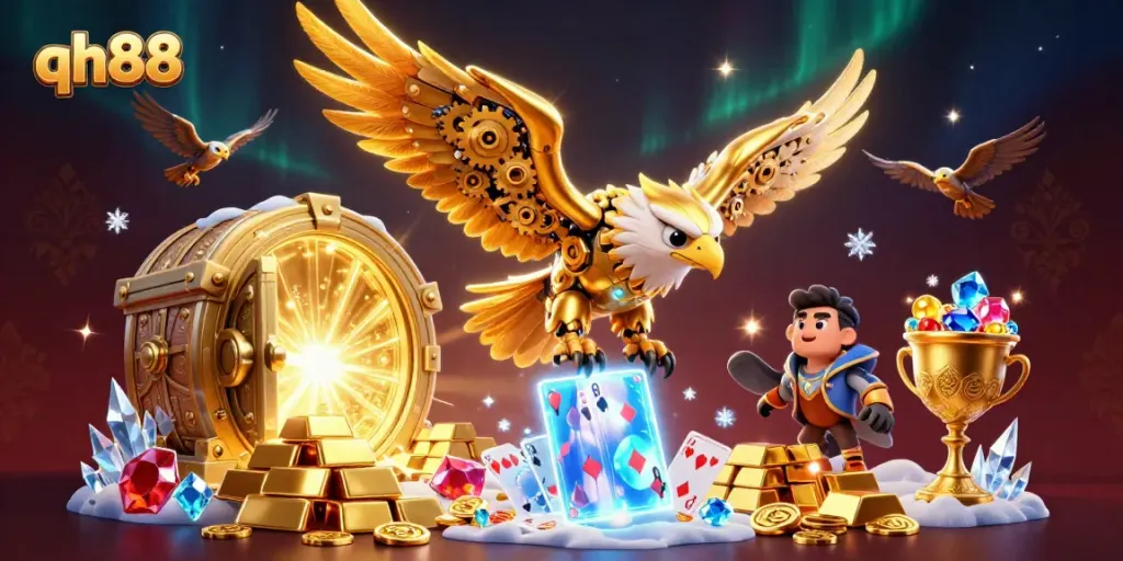 Experience thrilling moments at qh88 with a diving cybernetic eagle amidst sparkling casino elements.