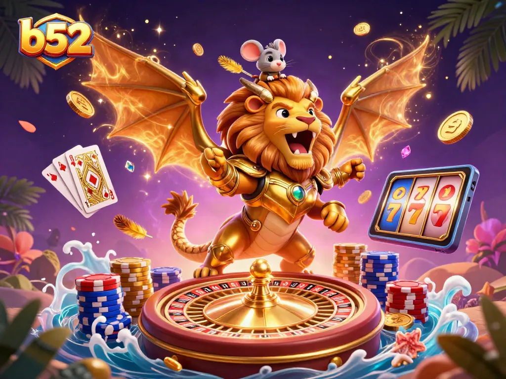 Experience the excitement of b52 as golden coins and chips scatter around a triumphant chimera creature in a vibrant casino scene.