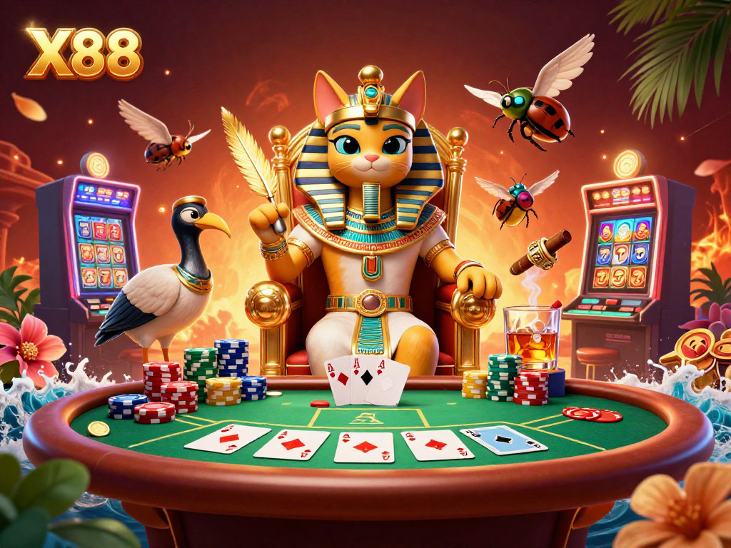 X88 players enjoying dynamic casino games with Egyptian-themed characters in a vibrant illustration.